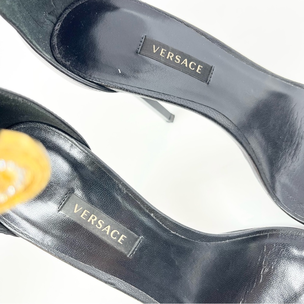 Versace Crystal La Medusa Safety Pin Sandals High Heels Shoes Black Gold 37 7 - Picture 5 of 10